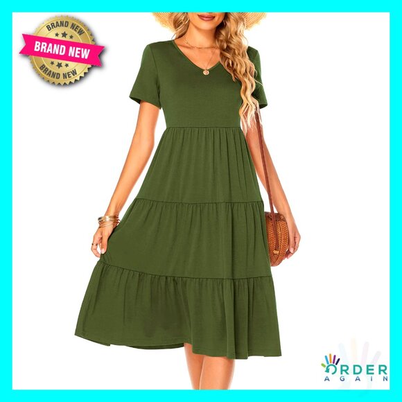 Dresses & Skirts - Tiered Midi Dress Loose Fit V-Neck Cotton Boho Summer Casual Sundress